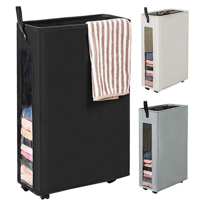 WOWLIVE 27 inches Slim Rolling Laundry Hamper with Wheels Tall Thin Laundry Basket with Clear Window Handy Collapsible Clothes Hamper Mesh Cover Rectangular Storage Corner Bin(Black)
