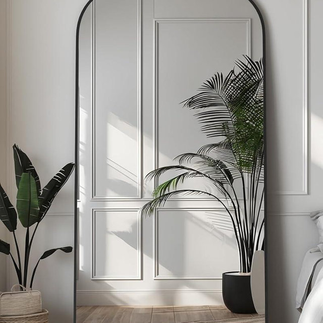 Arched Full Length Mirror, 71"x28" Floor Mirror Freestanding with Carved Metal Frame & Bottom Art Carved, Full Body Mirror for HomeDecor, Standing/Halling Large Wall Mirror for Bedroom, Black