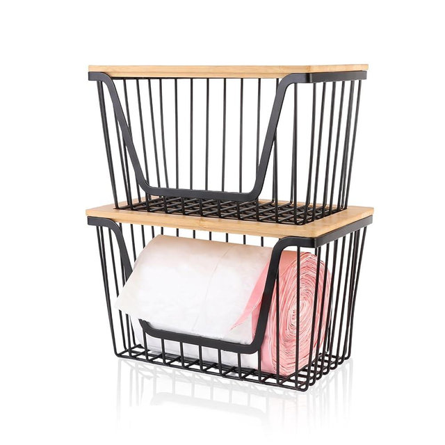 2 Pack Storage Stackable with Bamboo Top for Kitchen Laundry Room Organizers, Large Trash Bag Holder and Garbage Bag Dispenser