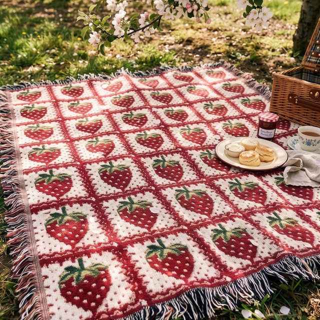 Strawberry Blanket Cotton Woven Throw Blanket, Granny Square Cottagecore Room Decor, Gift for Mom Coquette Aesthetic Wall Art Tapestry