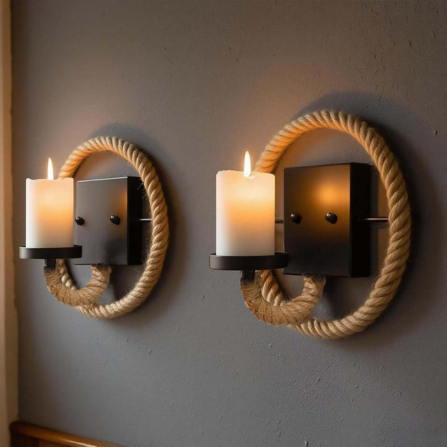 Hemp Rope Wall Sconce Candle Holder Set of 2, 9"×9" Industrial Farmhouse Vintage Style Handcrafted Wall Mount Candle Sconces for Living Room, Bedroom, Dining Room, Entryway (2, Round Hemp Rope)