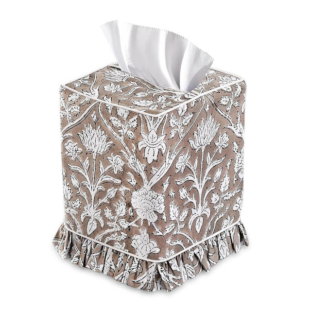 Ridhi Taupe Block Print Ruffle Tissue Box Cover Handmade Cotton Decorative Square Napkin Holder for Home Bedroom Living Room Bathroom Vanity Countertop Car Office Kitchen