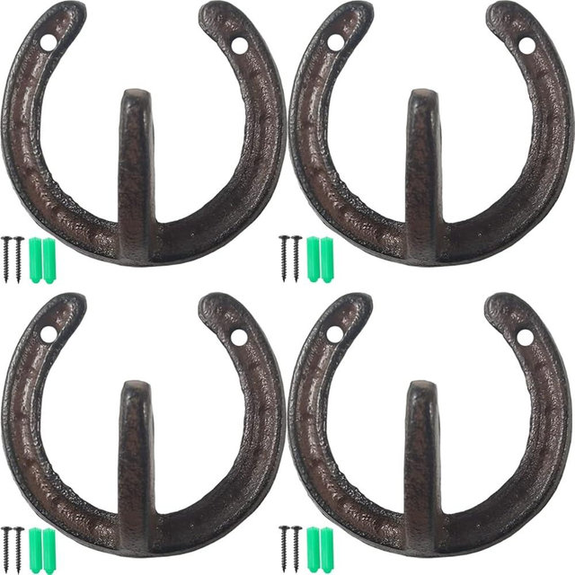 NSBELL 4PCS Cast Iron Horseshoe Shaped Wall Hooks - Vintage Coat Hat Horse Hanger - Farmhouse Decorative Hooks for Hanging Robe Towels Coats Bags