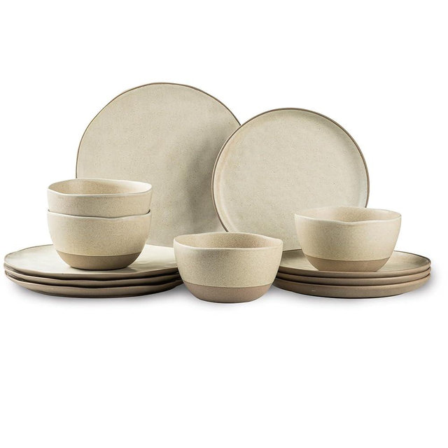 Dafuceramic 12 Pieces Dinnerware Sets,Plates and Bowls Sets, Handmade Reactive Glaze Dishes Set for 4 with at Least 10% Recycled Ceramic (Beige)