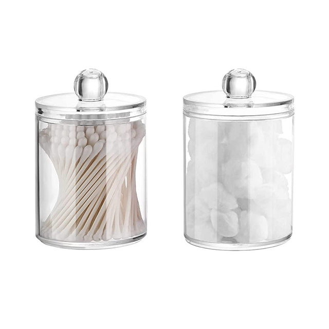 2 Pack Qtip Holder Storage Canister for Cotton Ball, Cotton Swab, Cotton Round Pads, Floss; 10-Ounce Clear Plastic Apothecary Jar with Lid, Bathroom Canister Storage Organization, Makeup Organizer (2)