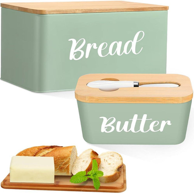Hushee 2 Pcs Metal Bread Box and Butter Dish with Bamboo Cutting Board Lid, Large Bread Kitchen Storage Container Farmhouse Airtight Butter Holder with Stainless Steel Knife(Sage Green)