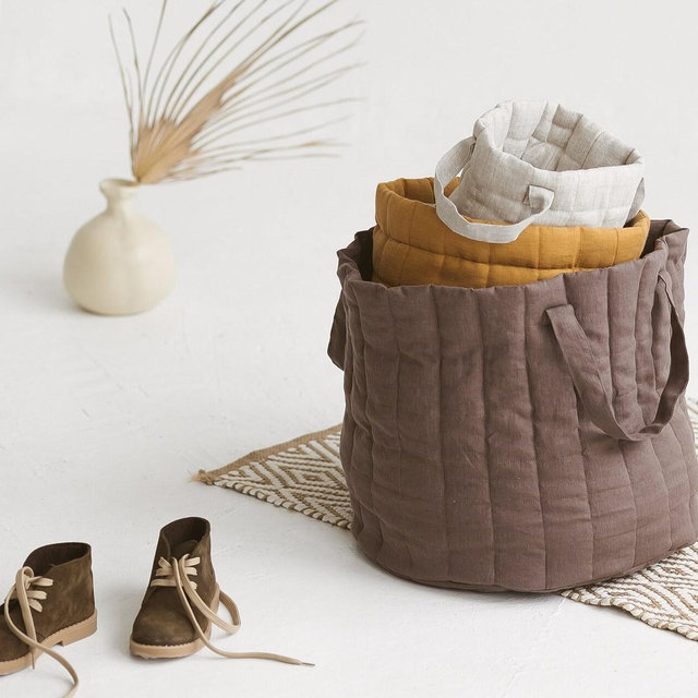 Quilted Linen Laundry Basket, Linen Laundry Bag With Handles, Padded Linen Storage Bag,Quilted Linen Organizer,Large Linen Toys Basket