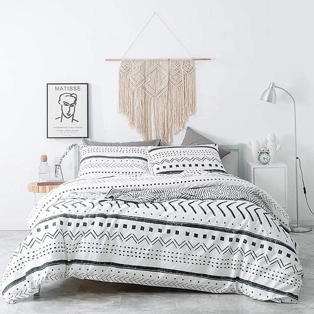 SUSYBAO 3 Pieces Duvet Cover Set 100% Natural Cotton White Queen Size Black Herringbone Geometric Pattern Bedding with Zipper Ties 1 Stripe Print Duvet Cover 2 Pillow Cases Hotel Quality Soft Durable