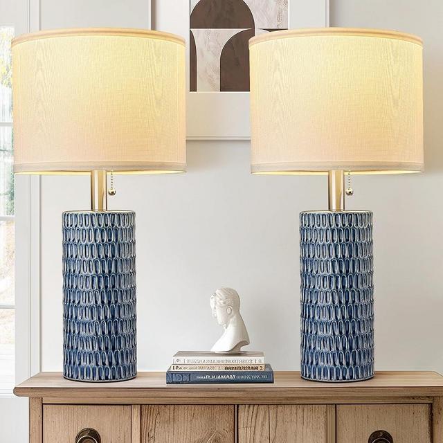 Reaketon Table Lamps for Living Room Set of 2, Ceramic Table Lamps for Bedroom, 20" Modern Lamps for Night Stands, Dark Blue