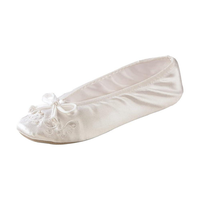 isotoner Women's Satin Ballerina Slippers with Embroidered Pearl