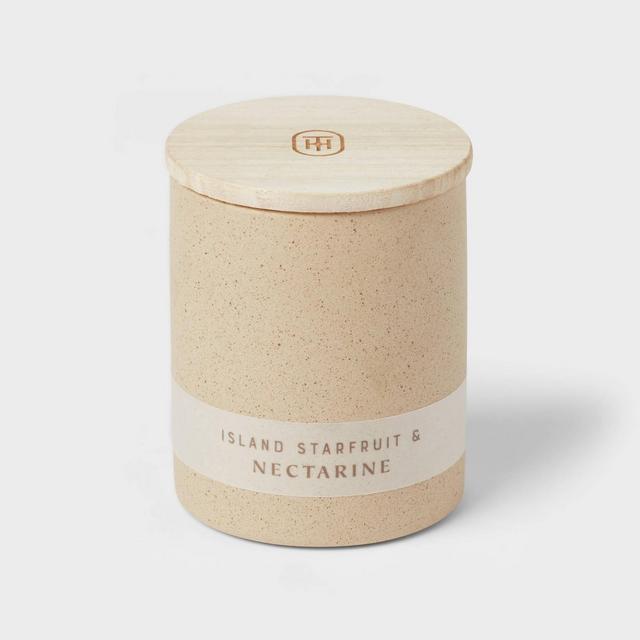 6oz Matte Textured Ceramic Wooden Wick Candle Ivory/Island Starfruit and Nectarine - Threshold™