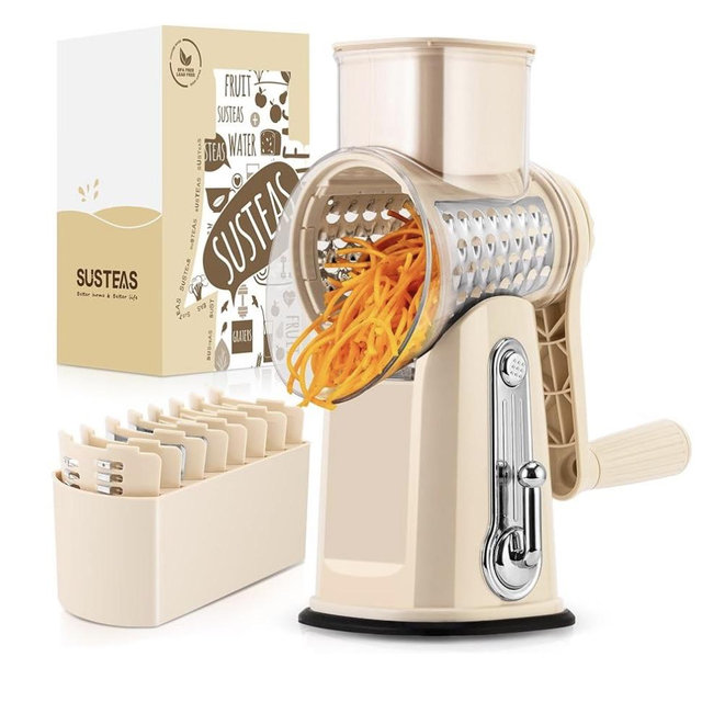 SUSTEAS Rotary Cheese Grater with Handle - Vegetable Shredder with 5 Well-designed Blades & Strong Suction Base,Round Mandoline Slicer & Food Chopper for Kitchen,with Blade Storage Box(Beige)