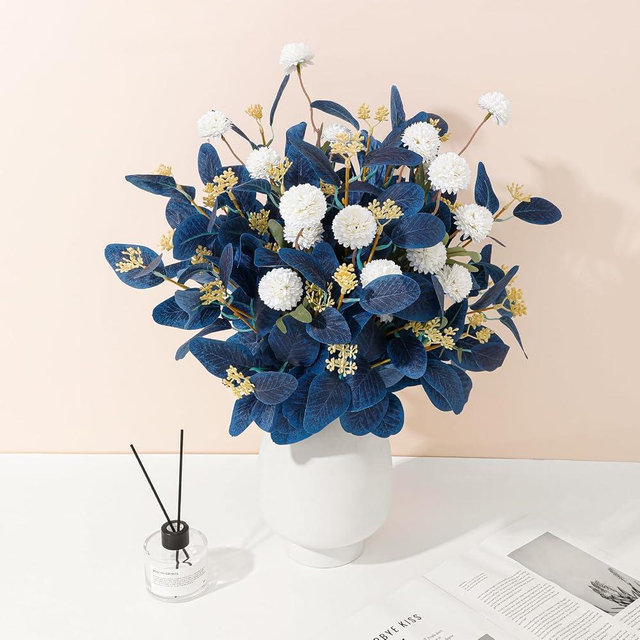 Dallisten Fake Flowers for Vase, 16 pcs Faux Silk Pompom Mum Artificial Flowers with Eucalyptus Stems, Mini Floral Long Stem Arrangements for Home Decor, Wedding, Table Centerpieces DIY Floral Designs