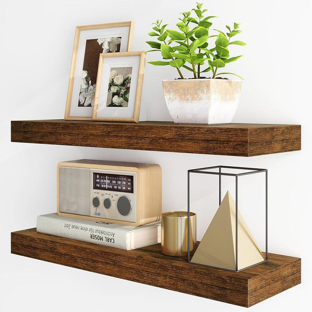 Fun Memories Floating Shelves for Wall, 24Inch Floating Shelves Set of 2, Hanging Shelf with Invisible Brackets, Wood Shelves for Living Room, Bedroom, Kitchen, Brown