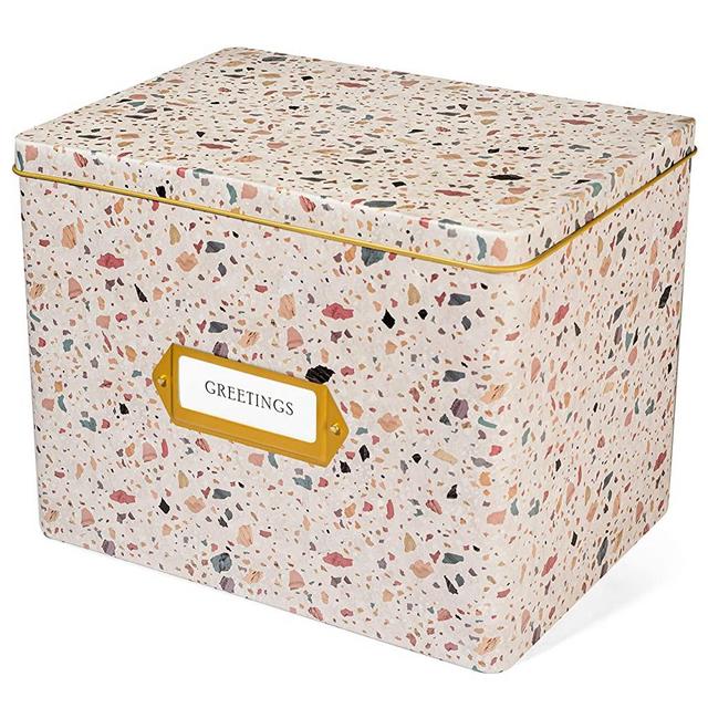 Jot & Mark Greeting Card Organizer Tin Box with Dividers, Cards, and Envelopes (Terrazzo Blush)