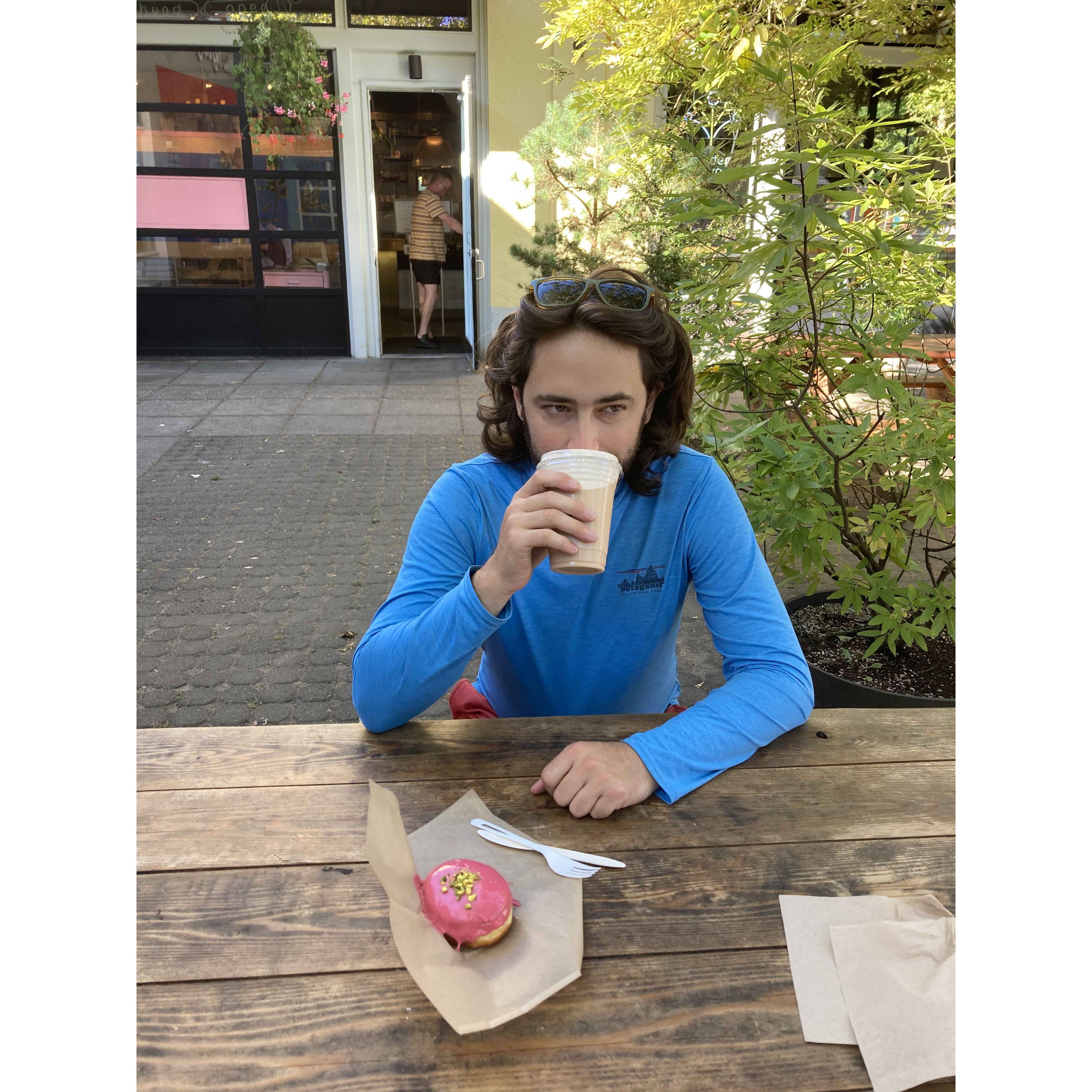 Eating donuts on a train trip to Portland