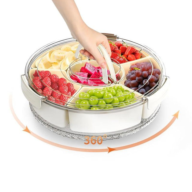 Divided Serving Tray with Lid and Handle, Round Rotating Snackle Box Container, 6-Compartment, for Fruits Candy Organizer, Portable Spinning Rounded Veggie Tray for Kitchen, Party, Trave and Picnic