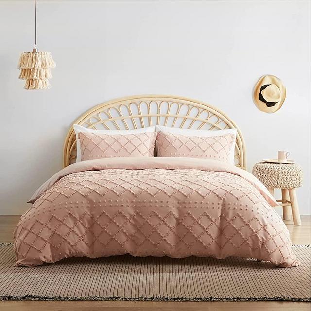 Bedsure Duvet Cover King Size - King Duvet Cover Set, Boho King Bedding Set for All Seasons, 3 Pieces Embroidery Shabby Chic Home Bedding Duvet Covers (Coral Pink, King, 104x90'')