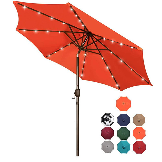 Blissun 9 ft Solar Umbrella, 32 LED Lighted Patio Umbrella, Table Market Umbrella, Outdoor Umbrella for Garden, Deck, Backyard, Pool and Beach (Orange)