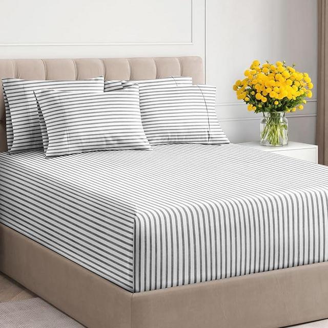 Extra Deep Cal King Sheet Set - 6 Piece Breathable & Cooling Sheets - Hotel Luxury Bed Sheets Set - Easy Fit - Soft, Wrinkle Free & Comfy Sheets Set - Grey Striped Sheet Set with Extra Deep Pockets
