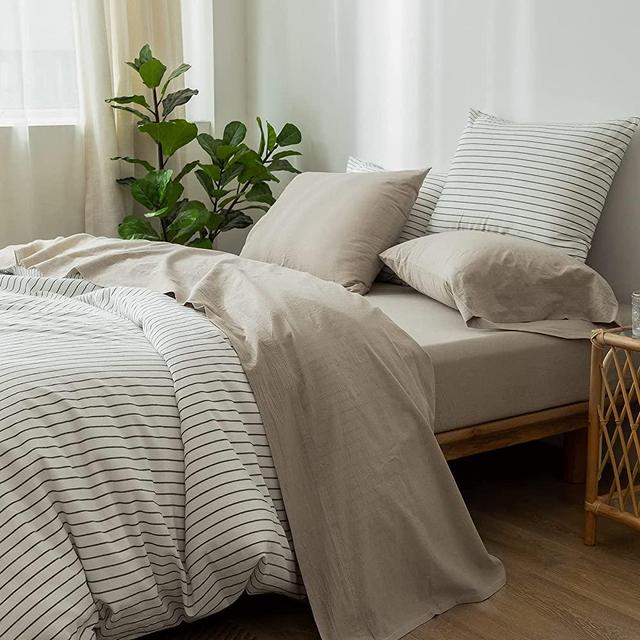 MooMee Bedding Sheet Set 100% Washed Cotton Linen Like Textured Breathable Durable Soft Comfy (Tannish Linen Grey, King)