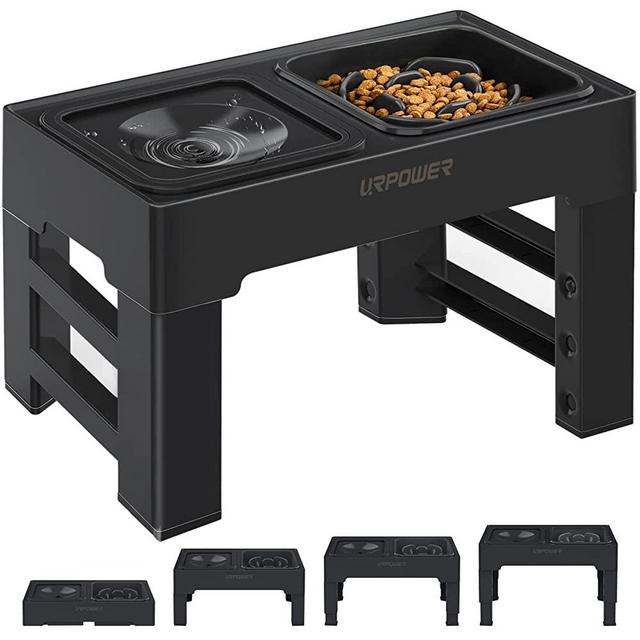 URPOWER 2-in-1 Elevated Slow Feeder Dog Bowls with No Spill Dog Water Bowl 4 Height Adjustable Raised Dog Bowl Non-Slip Dog Food and Water Bowls with Stand for Small Medium Large Dogs, Cats and Pets