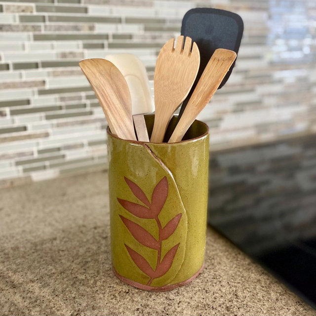 Slim Ceramic Kitchen Utensil Holder: Stoneware Crock, Green Countertop Storage Jar