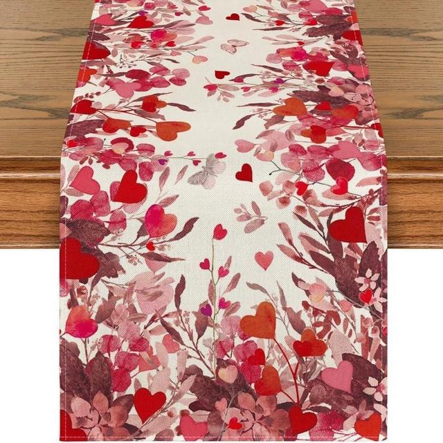 Valentines Table Runner 72x13 Inches Love Heart Leaf Table Decor, Burlap Farmhouse Indoor Outdoor Holiday Anniversary Decoration for Home Party