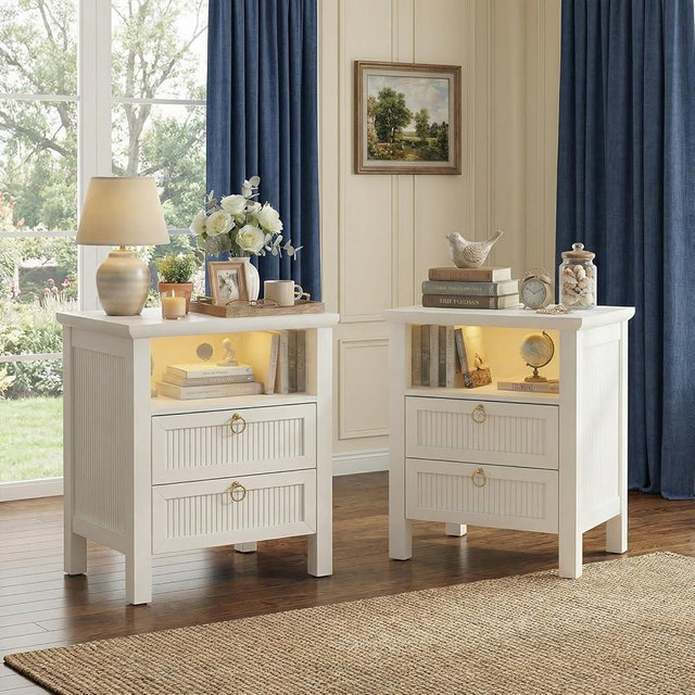 19.6'' W Fluted Night Stand Set 2 with Charging Station and LED Light, Bedside Table with 2 Drawers and Open Shelf, Modern End Tables for Bedroom, Living Room, White