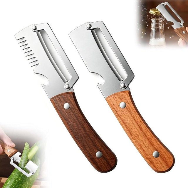 2PCS 2026 New Multi-functional Vegetable Peeler, All-in-one Stainless Steel Peeler with Bottle Opener, Thickened Fruit Peeler Knife for Shredding Scallions and Peeling Fruits (Red+Brown)