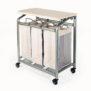 Seville Classics 3-Bag Laundry Sorter Hamper Cart with Folding Table in Natural