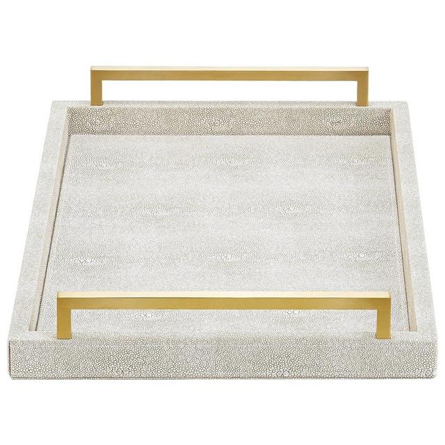 XIGEXIGE Ivory Shagreen Decorative Tray,Rectangular Coffee Table Tray,Faux Leather Serving Tray with Handles,Large Ottoman Tray for Living Room