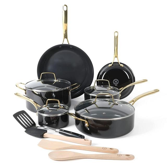 Martha Stewart 14 Piece Premium Non-Stick Heavy-Gauge Aluminum Cookware Combo Set (Pots, Pans, and Tools) - Black w/ Gold Handles