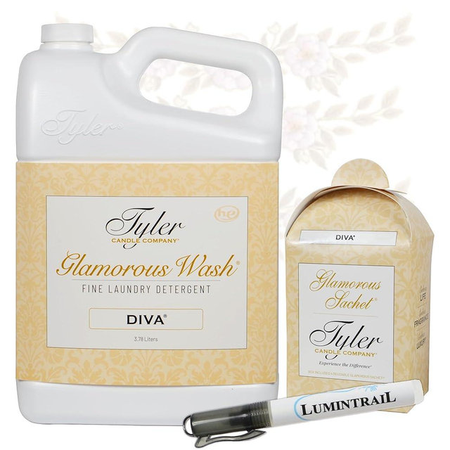 Tyler Glamorous Wash Diva Fine Laundry Detergent, Bundle with Lumintrail Stain Remover Pen and Dryer Sachets - Liquid Detergent Designed for Clothing - Hand and Machine Washable - 128oz (Diva)