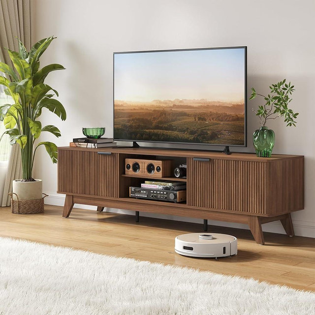 Quelthar TV Stand with Power Outlet,70" Modern Entertainment Center for TVs up to 80",Media Console with Storage & Open Shelves for Living Room/Bedroom, Walnut