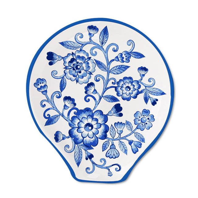 JarThenaAMCS 4.7inch Blue Floral Ceramic Spoon Rest Watercolor Chinoiserie Flower Small Coffee Spoon Holder for Coffee Stirrers Teaspoon Bar Coffee Station Accessories