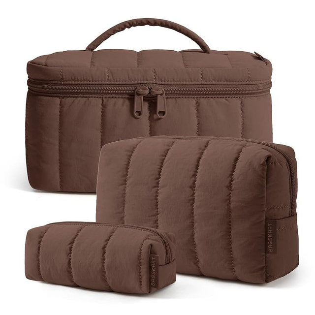 BAGSMART Travel Makeup Bag for Women, 3 Pcs Puffy Padded Cosmetic Organizer Bag, Large Toiletry Case and Small Purse Pouch for Gym, Work, Girls (Tan Brown)
