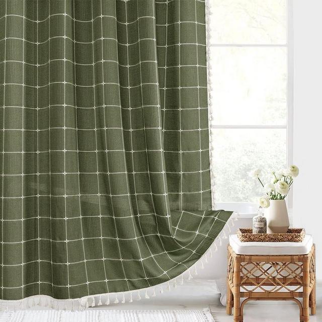 Gibelle Green Boho Farmhouse Shower Curtain with Tassels, Rustic Cottagecore Aesthetic Bohemian Chic Modern Bathroom Decor Thick Waffle Textured Fabric Shower Curtain Set with Hooks, 72x72