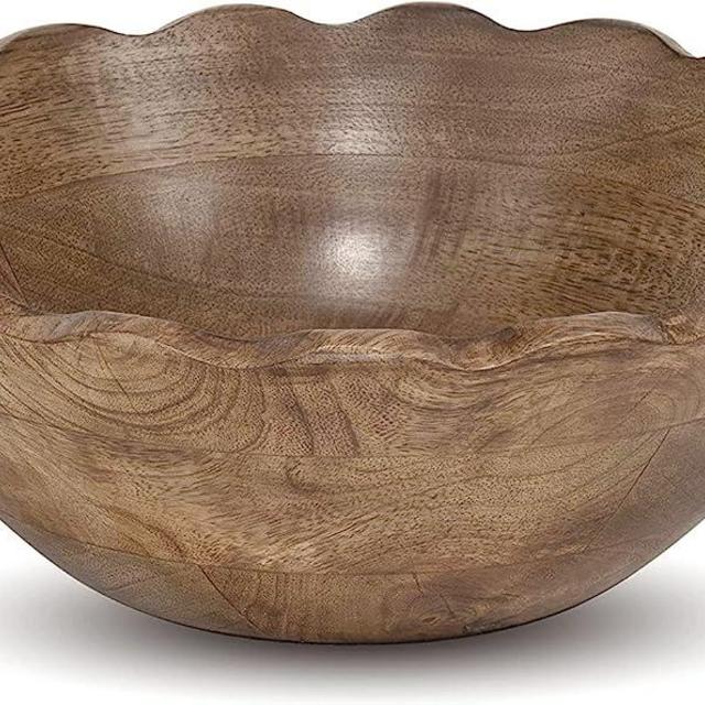 Red Co. 9.75” Large Decorative Wooden Centerpiece Serving Bowl with Wavy Edge, Natural Brown