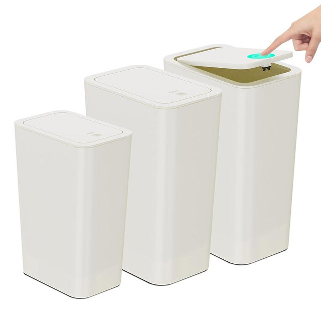NetDot Bathroom Trash Can with Lid 3 Pack Set, 2 Packs 3.4Gal 13L Slim Kitchen Trash Can and 1 Pack 2.6Gal 10L Garbage Can,Small Trash Can/Trash Bin/Waste Basket for Bedroom,Office(Cream,3 Pack)