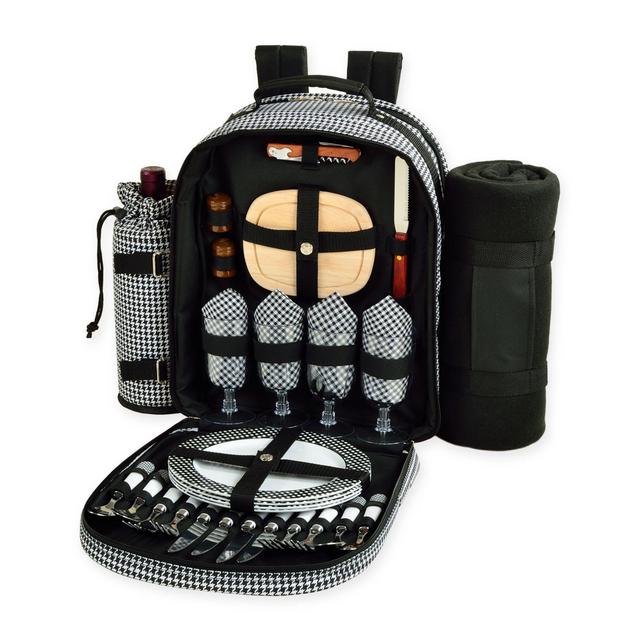 Picnic at Ascot Houndstooth Collection 4-Person Picnic Backpack with Blanket in Black/White