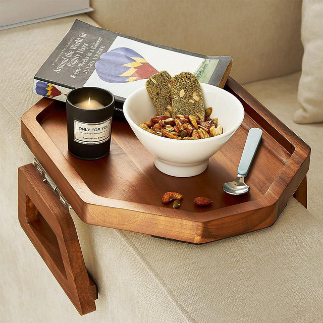 Tinamo Acacia Wood Sofa Armrest Tray - Sofa Arm Tray Table Clip Octagon - Couch Arm Table for Wide Couches - Wooden Side Tables for Small Spaces for Eating and Drink (Acacia Wood)