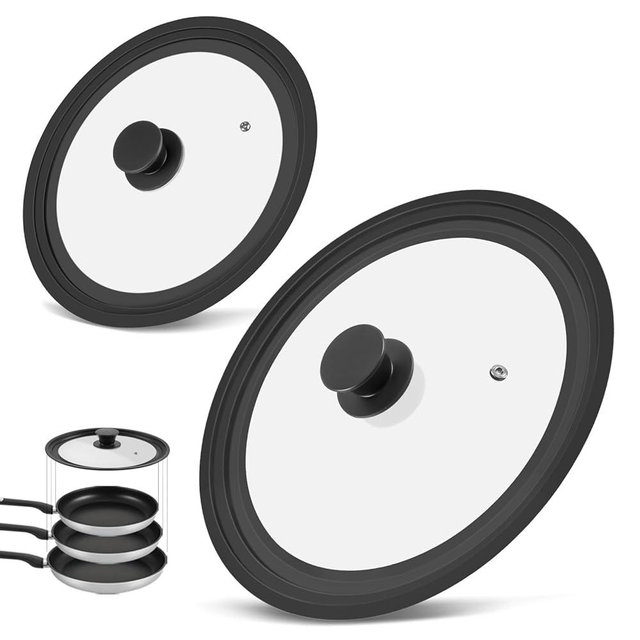 Universal Lid for Pots Pans and Skillets, 2 Pack Pan Cover fit 9", 9.5", 10" & 11", 12", 12.5" Diameter Cookware, Silicone Replacement Pan Lid Pot Lids for Frying Pans, Cast Iron,Tempered Glass Lid