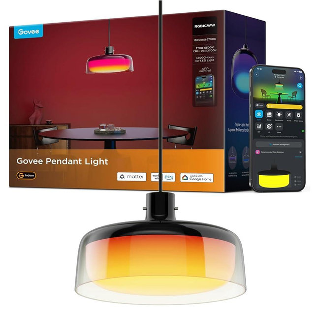 Govee Pendant Light for Kitchen Island, Three-Layer RGBIC Smart Lighting, Matter Compatible, 1300LM 2700K-6500K Dimmable Black Hanging Light Fixture Works with Alexa, Adjustable Height for Dining Room