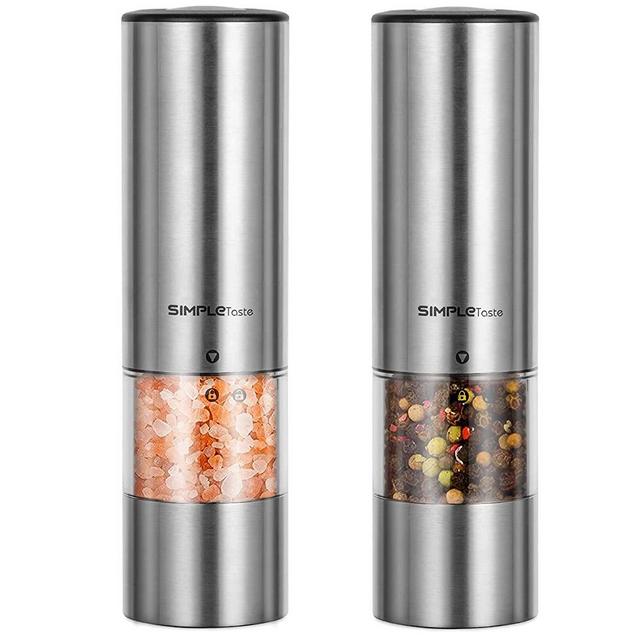SIMPLETASTE Electric Pepper Mill, Battery Powered Salt and Pepper Grinder Set with Automatic Operation and LED Light, Adjustable Coarseness, Stainless Steel, Set of 2