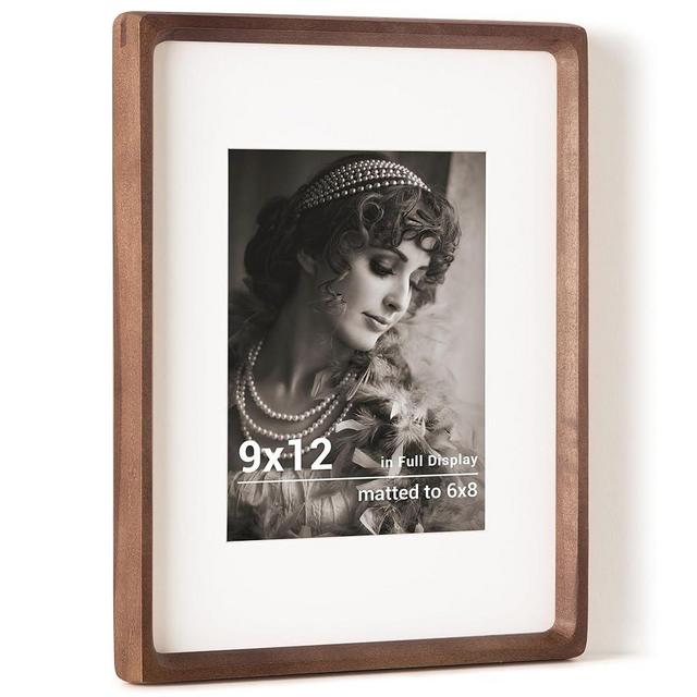 Fun Memories 9x12 Picture Frame, USA-Sourced Walnut Wood Photo Frames with HD Tempered Glass, Handcrafted Rounded Corner 9 x 12 Wooden Frames Matted to 6x8 Photos, 9x12 Frame, Tabletop or Wall Display