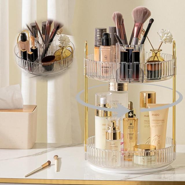 shuang qing 360° Rotating Makeup Organizer, High-Capacity Bathroom Countertop Vanity Organizers, 2 Tier Spinning Skincare Storage, for Perfume/Cosmetic/Makeup Brushes/Lotion（White）