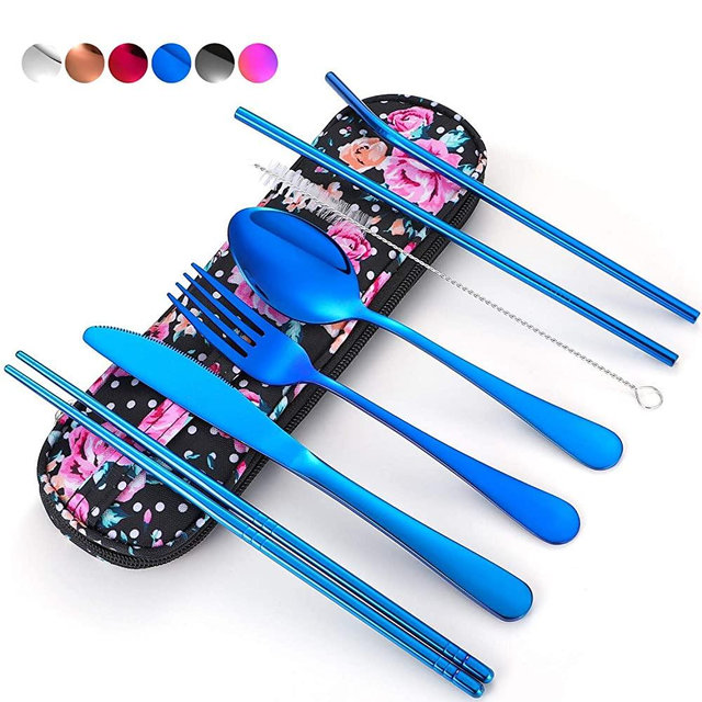 Travel Utensils,Reusable Silverware Set To Go Portable Cutlery Set with a Waterproof Carrying Case for Lunch Boxes Workplace Camping School Picnic (FlowerCase/Blue)