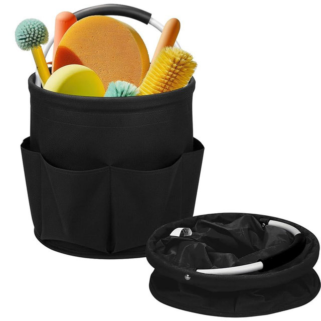 Ashmacdo Cleaning Caddy for Cleaning Supplies,17L Cleaning Supply Caddy with Handle Foldable Cleaning Supplies Organizer Bucket Cleaning Products Organizers for Home, Garden (Black)