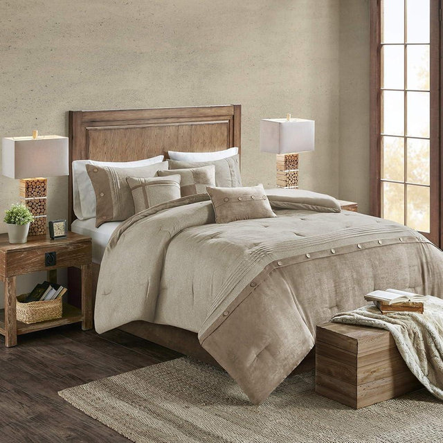 Madison Park Boone Cozy Comforter Set, Faux Suede, Deluxe Hotel Styling All Season Down Alternative Bedding Matching Shams, Decorative Pillow, California King (104 in x 92in), Rustic Tan 7 Piece